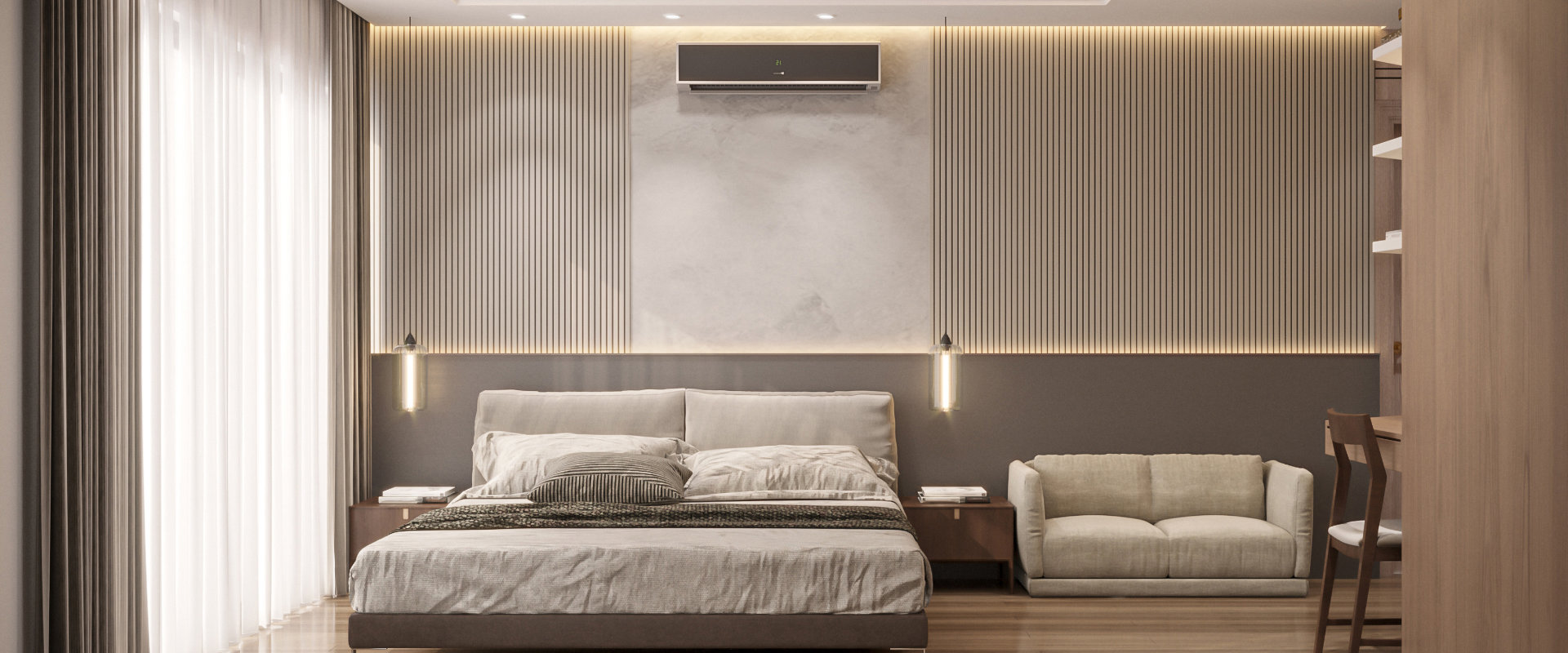 Cream bedroom with wall mounted air conditioner above the bed